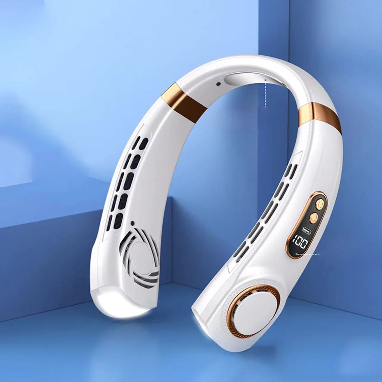 JKUOO Tragbarer Nackenventilator ohne Rotor mit LED & 4 Kühlplatten, 4000 mAh Akku, USB wiederaufladbar