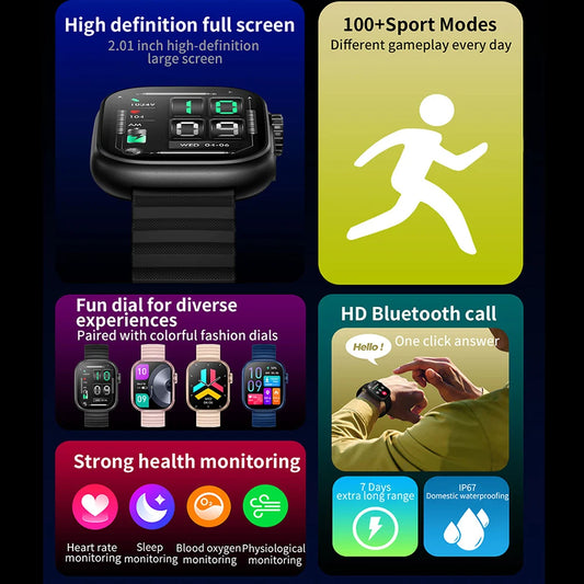 Smartwatch 2025 mit 2,01" Touchscreen – Fitnessuhr für Damen & Herren, Wasserdicht, Bluetooth Call & Gesundheitsfunktionen