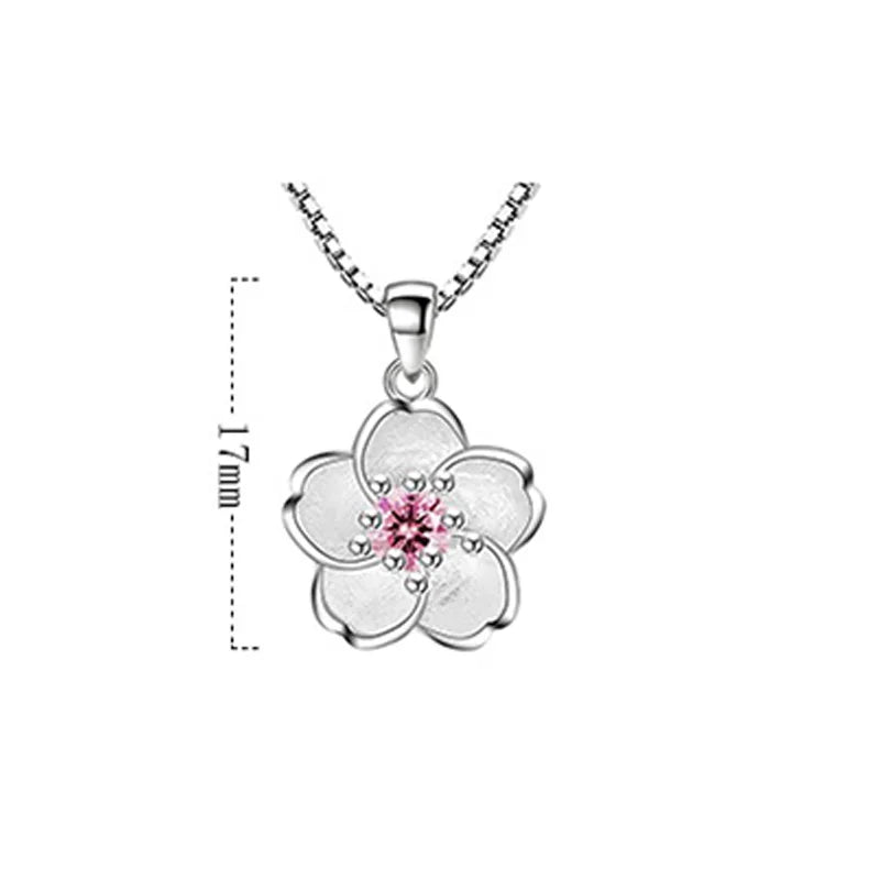 925 Silber Halskette mit Pfirsichblüten – Rosa & Lila Kristalle – Damen-Schmuck mit Blumenanhänger – 45 cm