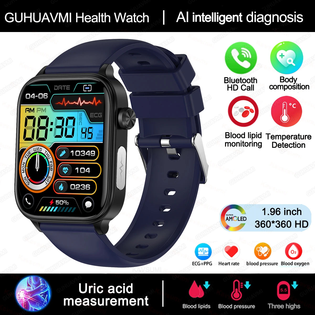 GUHUAVMI GH570 Smartwatch – Gesundheitsuhr mit Blutwert-Analyse & BT Call
