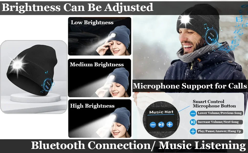 3-in-1 Bluetooth Beanie mit LED-Licht – Mütze mit Kopfhörer & Licht, USB-Ladung, Unisex für Outdoor & Sport