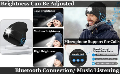 3-in-1 Bluetooth Beanie mit LED-Licht – Mütze mit Kopfhörer & Licht, USB-Ladung, Unisex für Outdoor & Sport