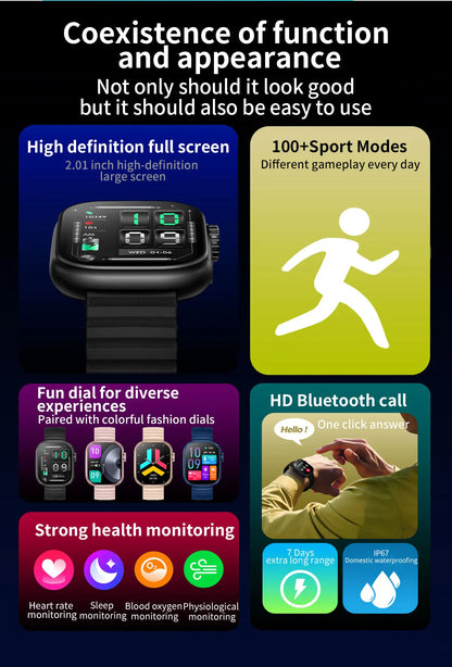 Smartwatch 2025 mit 2,01" Touchscreen – Fitnessuhr für Damen & Herren, Wasserdicht, Bluetooth Call & Gesundheitsfunktionen