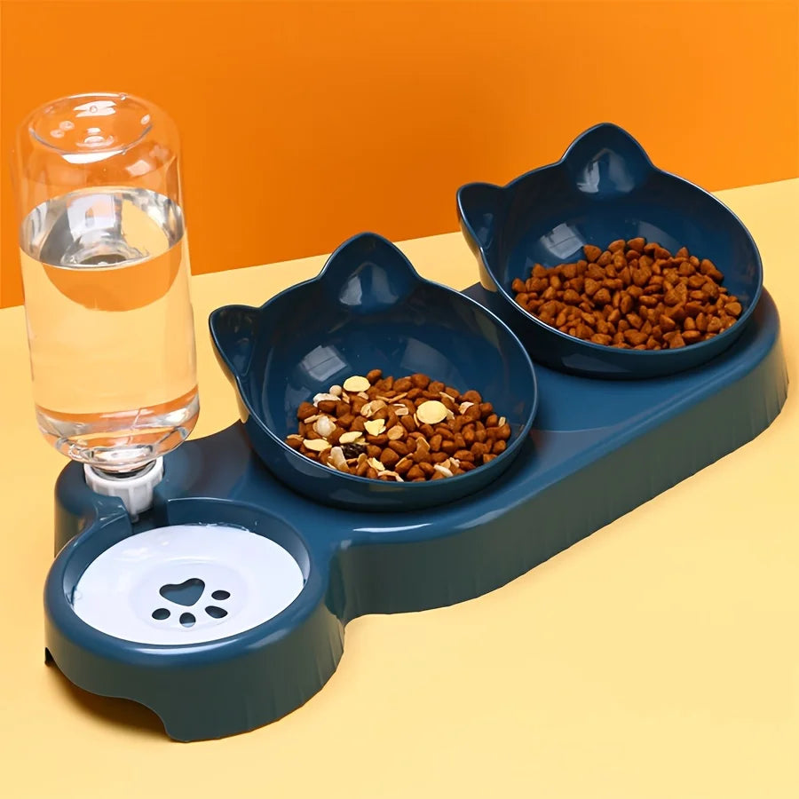 3-in-1 Katzennapf mit Wasserspender – Schräger Futternapf & Trinkflasche – Ergonomisch & rutschfest