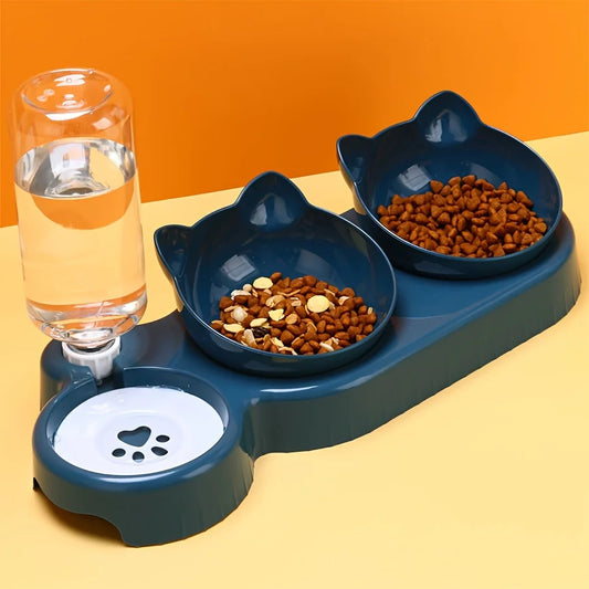 3-in-1 Katzennapf mit Wasserspender – Schräger Futternapf & Trinkflasche – Ergonomisch & rutschfest