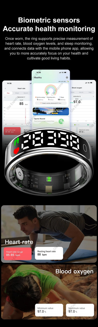 Smart Ring mit Display – Gesundheitsring für Damen & Herren – Herzfrequenz, Schlaf & Sauerstoff – 5ATM wasserdicht – TikTok-Steuerung – für Android & iOS