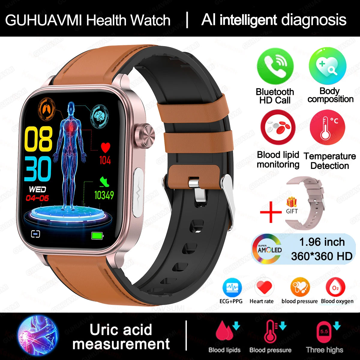 GUHUAVMI GH570 Smartwatch – Gesundheitsuhr mit Blutwert-Analyse & BT Call