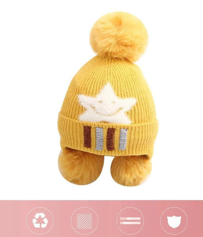 Kinder Wintermütze mit Bommel – Weiche Strickmütze aus Samt – Beanie für Jungen & Mädchen mit Ohrenschutz – warm & süß – 3–8 Jahre