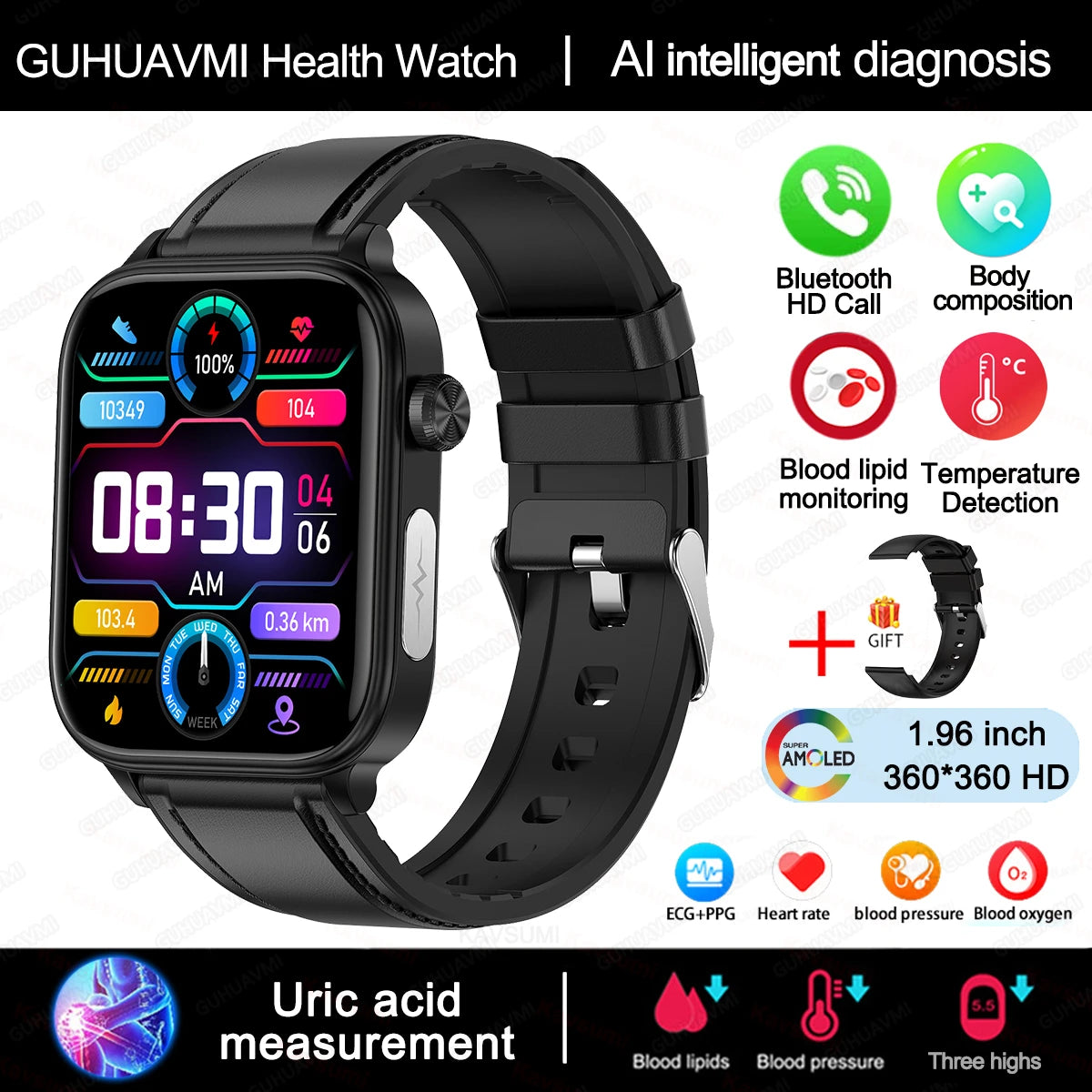 GUHUAVMI GH570 Smartwatch – Gesundheitsuhr mit Blutwert-Analyse & BT Call
