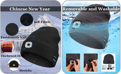 3-in-1 Bluetooth Beanie mit LED-Licht – Mütze mit Kopfhörer & Licht, USB-Ladung, Unisex für Outdoor & Sport