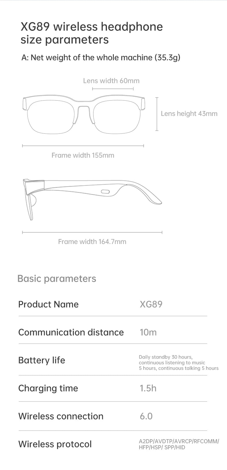 Smart Audio-Brille XG89 mit Übersetzungsfunktion – Bluetooth 6.0 Sonnenbrille mit Kopfhörer & Noise Cancelling – 144 Sprachen – für Reisen & Business