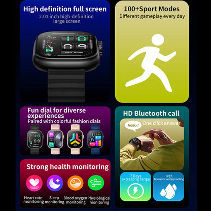 Smartwatch 2025 mit 2,01" Touchscreen – Fitnessuhr für Damen & Herren, Wasserdicht, Bluetooth Call & Gesundheitsfunktionen