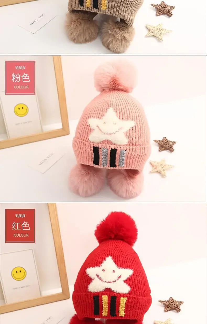 Kinder Wintermütze mit Bommel – Weiche Strickmütze aus Samt – Beanie für Jungen & Mädchen mit Ohrenschutz – warm & süß – 3–8 Jahre