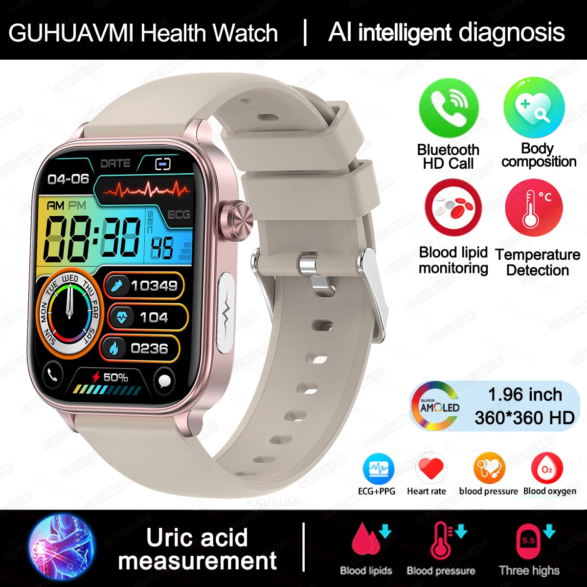 GUHUAVMI GH570 Smartwatch – Gesundheitsuhr mit Blutwert-Analyse & BT Call