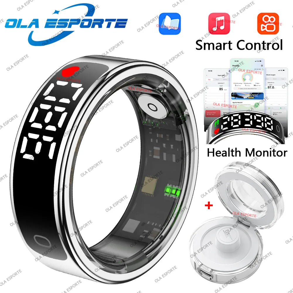 Smart Ring mit Display – Gesundheitsring für Damen & Herren – Herzfrequenz, Schlaf & Sauerstoff – 5ATM wasserdicht – TikTok-Steuerung – für Android & iOS