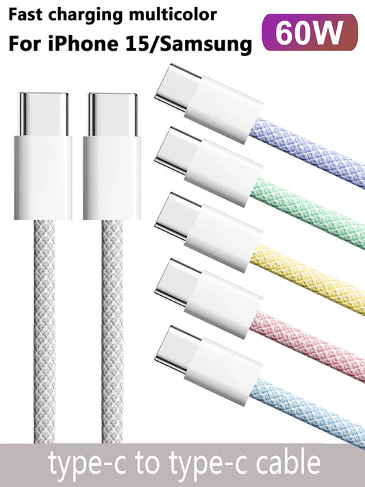 USB-C zu USB-C Nylon Kabel – 60W Schnellladekabel für iPhone 15, Samsung, Huawei & mehr