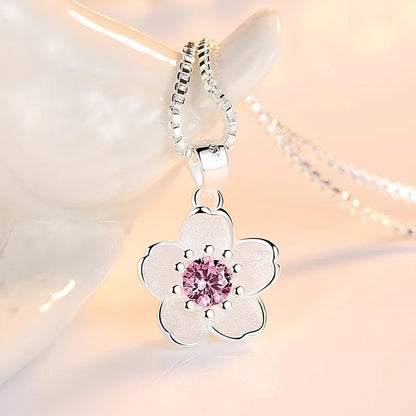 925 Silber Halskette mit Pfirsichblüten – Rosa & Lila Kristalle – Damen-Schmuck mit Blumenanhänger – 45 cm