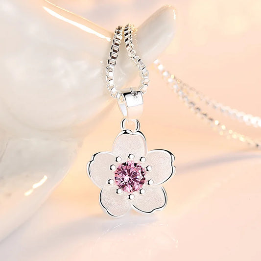 925 Silber Halskette mit Pfirsichblüten – Rosa & Lila Kristalle – Damen-Schmuck mit Blumenanhänger – 45 cm