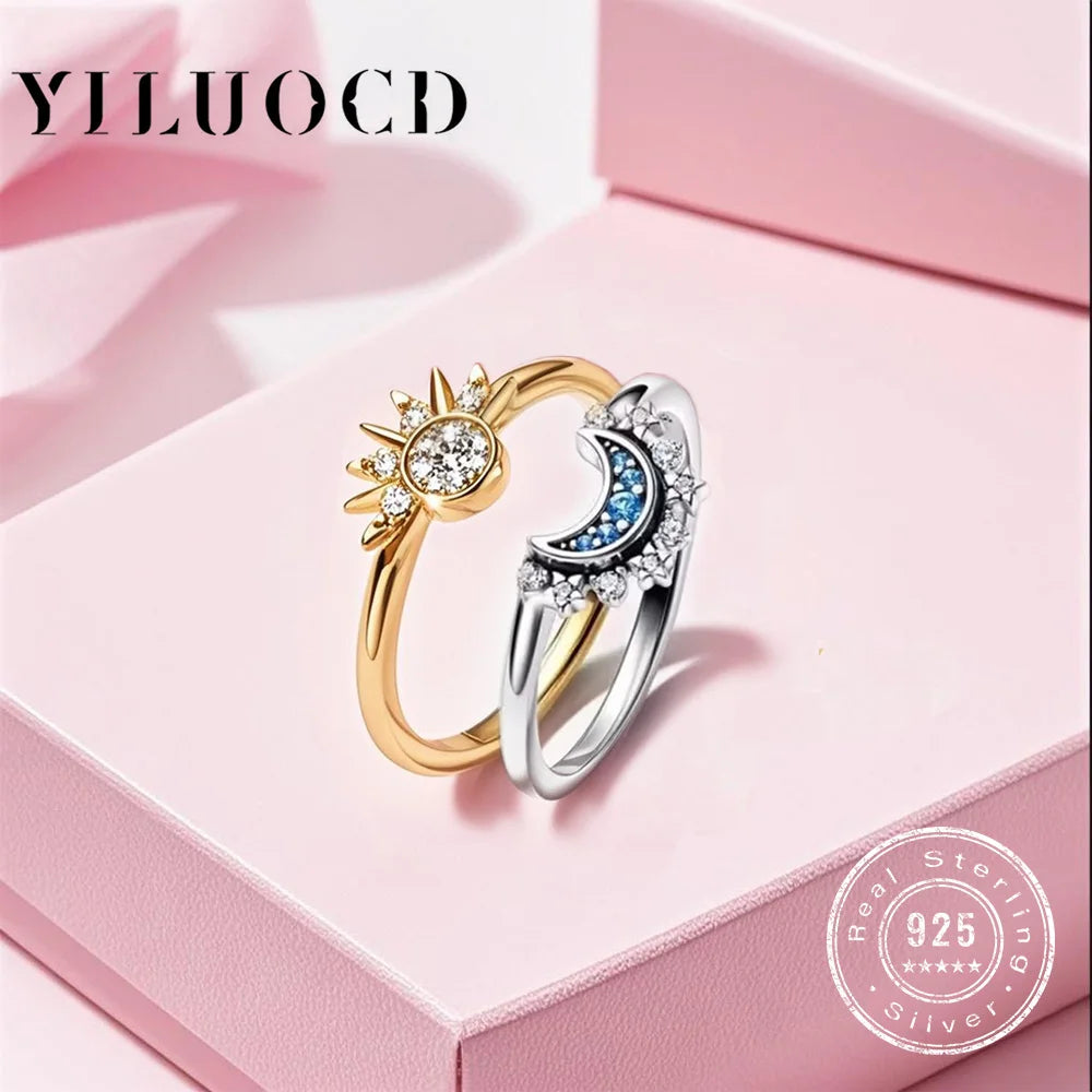 925 Silber Paar-Ringe – Sonne & Mond Design mit Zirkonia, romantisches Versprechenring-Set