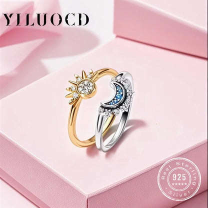 925 Silber Paar-Ringe – Sonne & Mond Design mit Zirkonia, romantisches Versprechenring-Set
