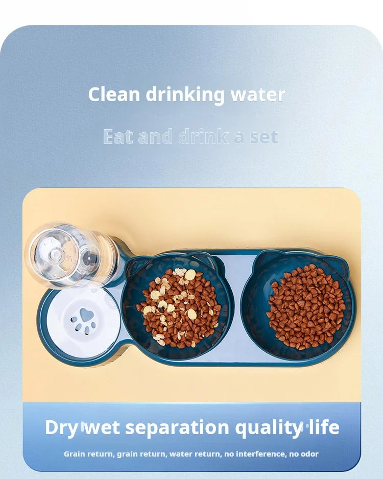 3-in-1 Katzennapf mit Wasserspender – Schräger Futternapf & Trinkflasche – Ergonomisch & rutschfest