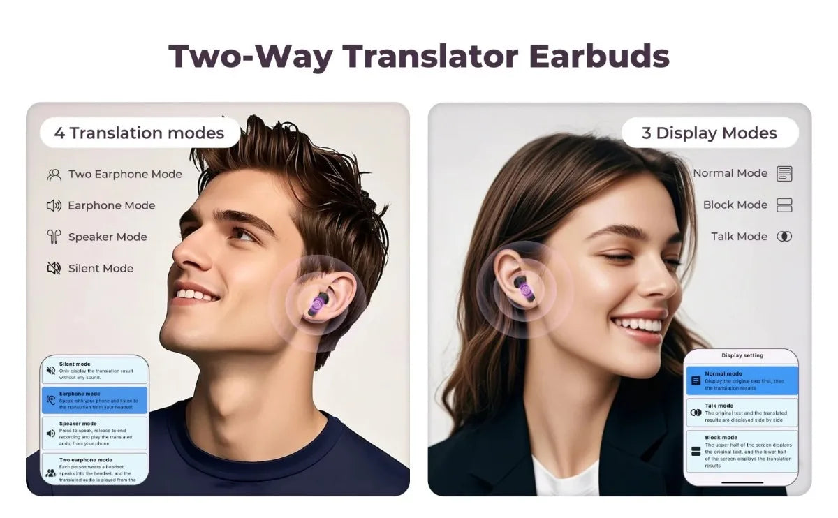 2er-Set Übersetzungs-Kopfhörer – Bluetooth 5.4 Earbuds mit Echtzeit-Übersetzung in 144 Sprachen – Noise Cancelling Headsets für Reisen & Business