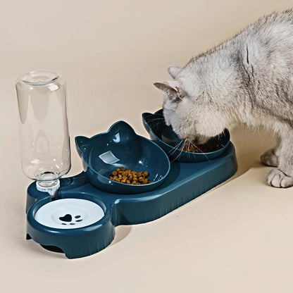 3-in-1 Katzennapf mit Wasserspender – Schräger Futternapf & Trinkflasche – Ergonomisch & rutschfest