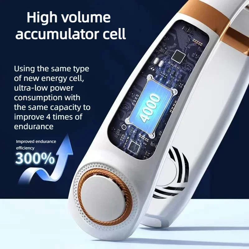 JKUOO Tragbarer Nackenventilator ohne Rotor mit LED & 4 Kühlplatten, 4000 mAh Akku, USB wiederaufladbar
