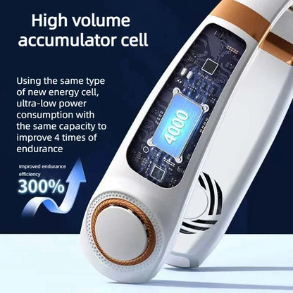 JKUOO Tragbarer Nackenventilator ohne Rotor mit LED & 4 Kühlplatten, 4000 mAh Akku, USB wiederaufladbar