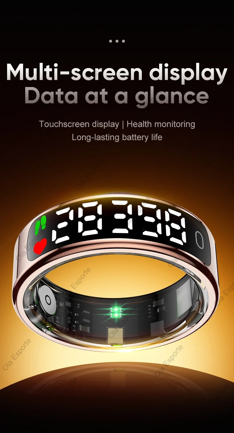 Smart Ring mit Display – Gesundheitsring für Damen & Herren – Herzfrequenz, Schlaf & Sauerstoff – 5ATM wasserdicht – TikTok-Steuerung – für Android & iOS