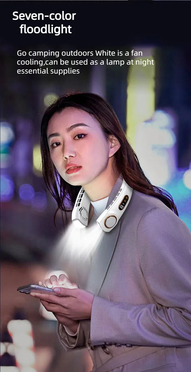 JKUOO Tragbarer Nackenventilator ohne Rotor mit LED & 4 Kühlplatten, 4000 mAh Akku, USB wiederaufladbar