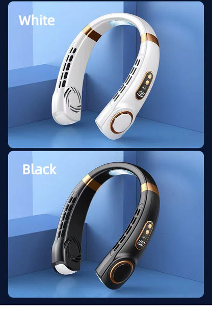 JKUOO Tragbarer Nackenventilator ohne Rotor mit LED & 4 Kühlplatten, 4000 mAh Akku, USB wiederaufladbar