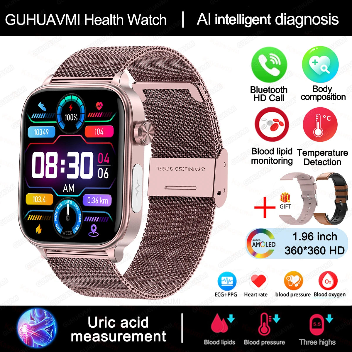 GUHUAVMI GH570 Smartwatch – Gesundheitsuhr mit Blutwert-Analyse & BT Call