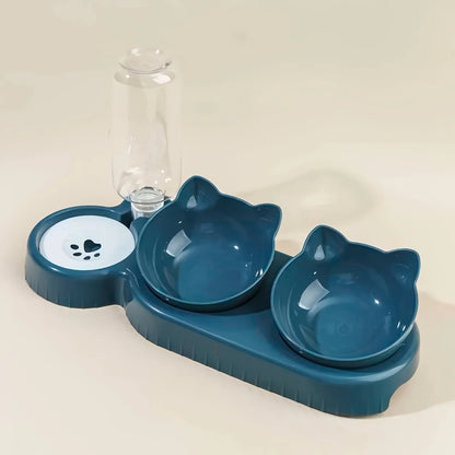 3-in-1 Katzennapf mit Wasserspender – Schräger Futternapf & Trinkflasche – Ergonomisch & rutschfest