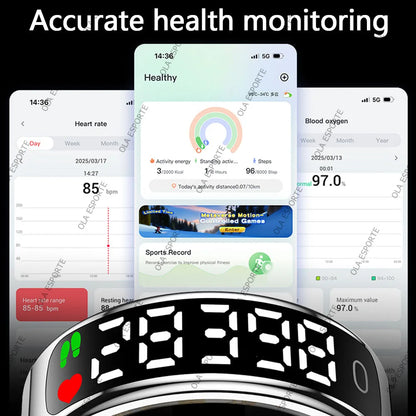 Smart Ring mit Display – Gesundheitsring für Damen & Herren – Herzfrequenz, Schlaf & Sauerstoff – 5ATM wasserdicht – TikTok-Steuerung – für Android & iOS