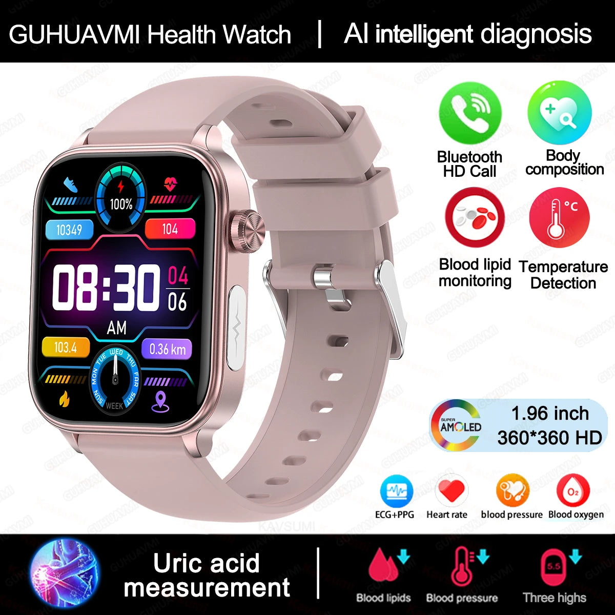 GUHUAVMI GH570 Smartwatch – Gesundheitsuhr mit Blutwert-Analyse & BT Call