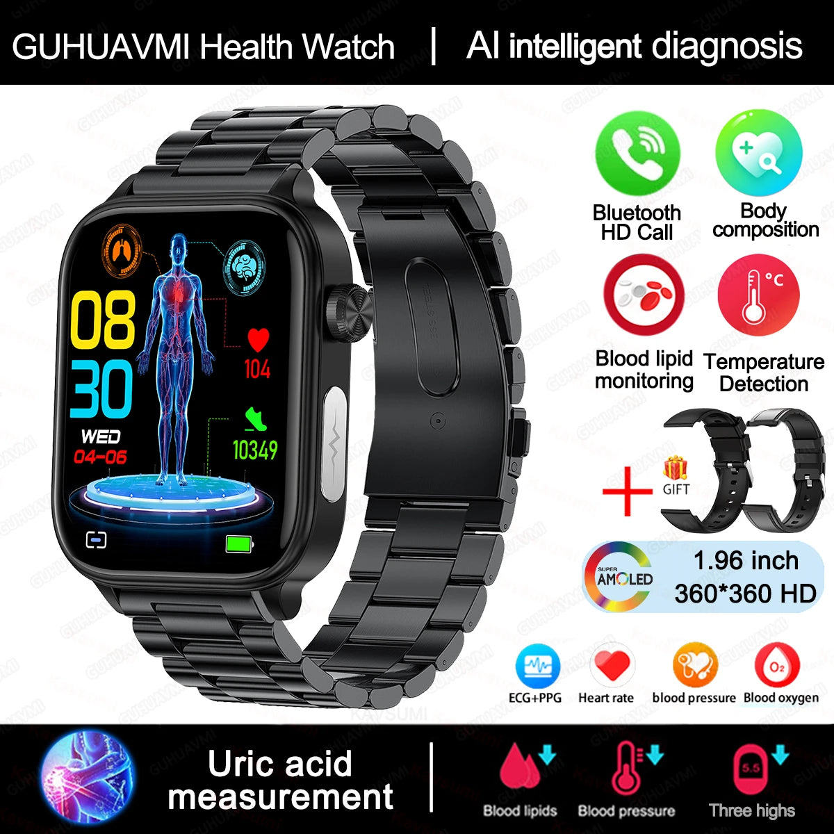 GUHUAVMI GH570 Smartwatch – Gesundheitsuhr mit Blutwert-Analyse & BT Call