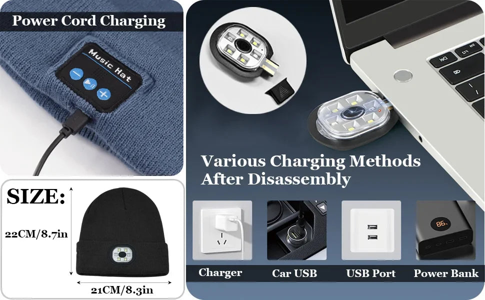 3-in-1 Bluetooth Beanie mit LED-Licht – Mütze mit Kopfhörer & Licht, USB-Ladung, Unisex für Outdoor & Sport