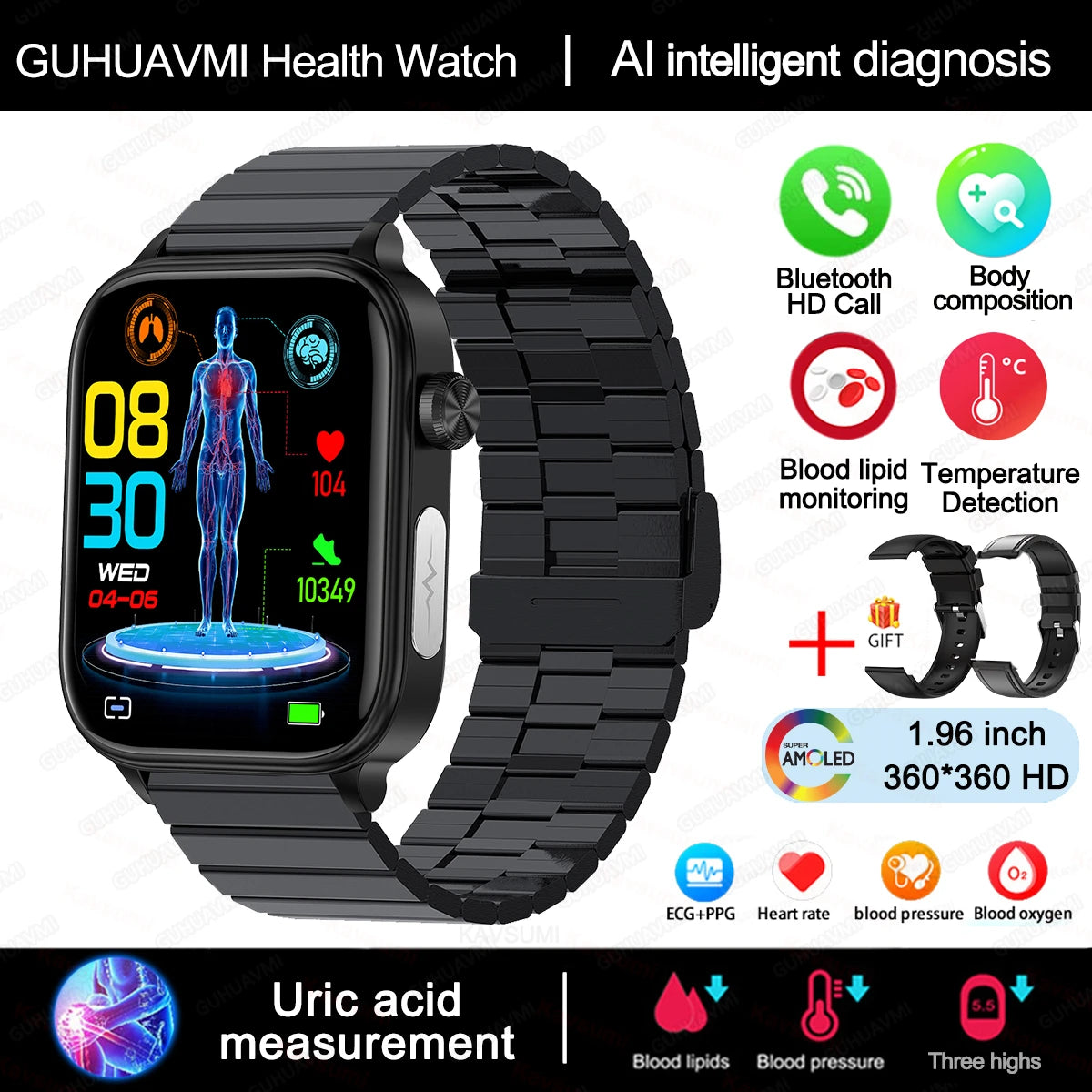 GUHUAVMI GH570 Smartwatch – Gesundheitsuhr mit Blutwert-Analyse & BT Call