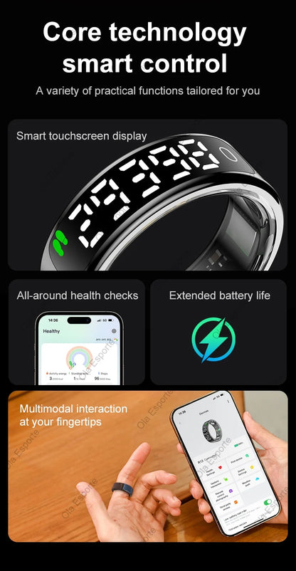 Smart Ring mit Display – Gesundheitsring für Damen & Herren – Herzfrequenz, Schlaf & Sauerstoff – 5ATM wasserdicht – TikTok-Steuerung – für Android & iOS