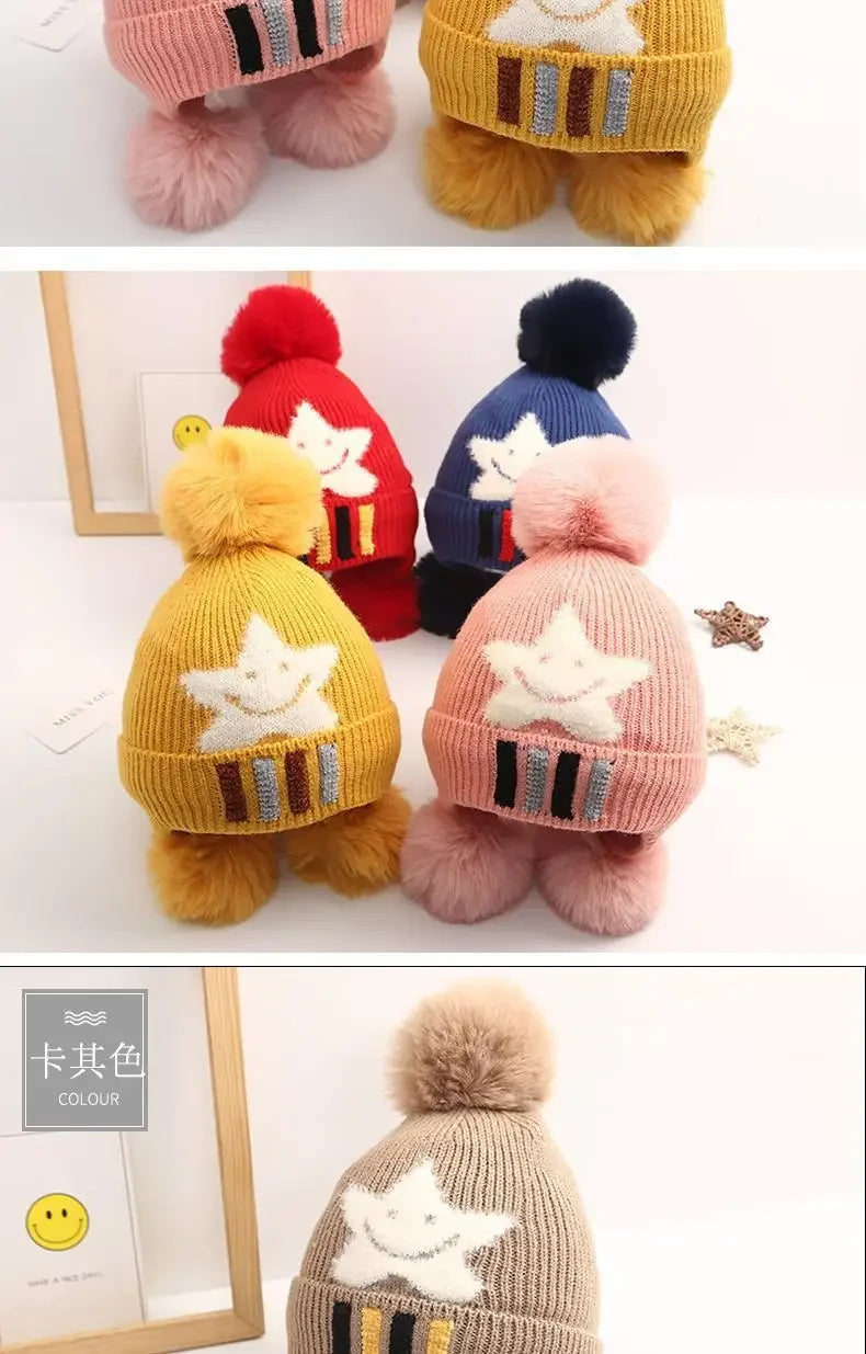 Kinder Wintermütze mit Bommel – Weiche Strickmütze aus Samt – Beanie für Jungen & Mädchen mit Ohrenschutz – warm & süß – 3–8 Jahre