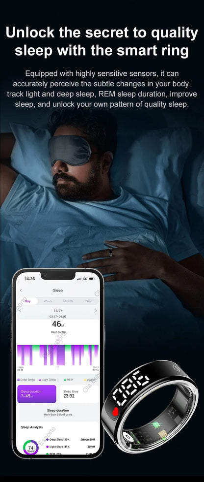 Smart Ring mit Display – Gesundheitsring für Damen & Herren – Herzfrequenz, Schlaf & Sauerstoff – 5ATM wasserdicht – TikTok-Steuerung – für Android & iOS