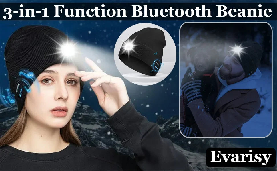 3-in-1 Bluetooth Beanie mit LED-Licht – Mütze mit Kopfhörer & Licht, USB-Ladung, Unisex für Outdoor & Sport