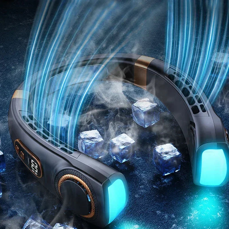 JKUOO Tragbarer Nackenventilator ohne Rotor mit LED & 4 Kühlplatten, 4000 mAh Akku, USB wiederaufladbar