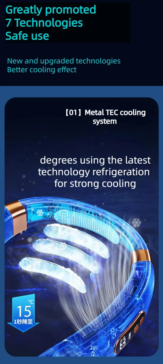 JKUOO Tragbarer Nackenventilator ohne Rotor mit LED & 4 Kühlplatten, 4000 mAh Akku, USB wiederaufladbar