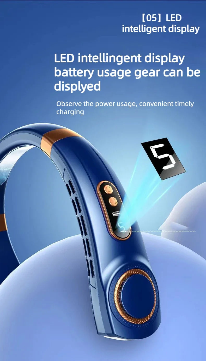 JKUOO Tragbarer Nackenventilator ohne Rotor mit LED & 4 Kühlplatten, 4000 mAh Akku, USB wiederaufladbar