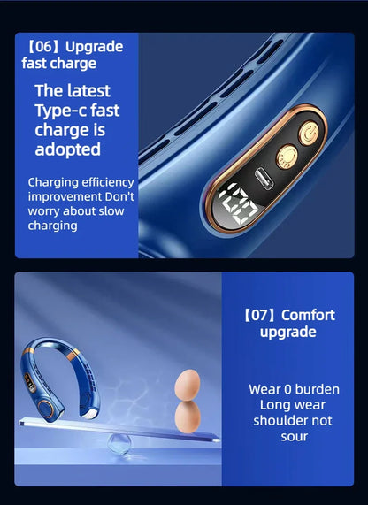 JKUOO Tragbarer Nackenventilator ohne Rotor mit LED & 4 Kühlplatten, 4000 mAh Akku, USB wiederaufladbar