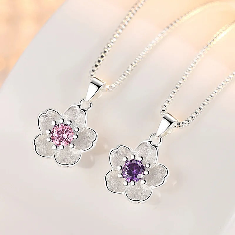 925 Silber Halskette mit Pfirsichblüten – Rosa & Lila Kristalle – Damen-Schmuck mit Blumenanhänger – 45 cm