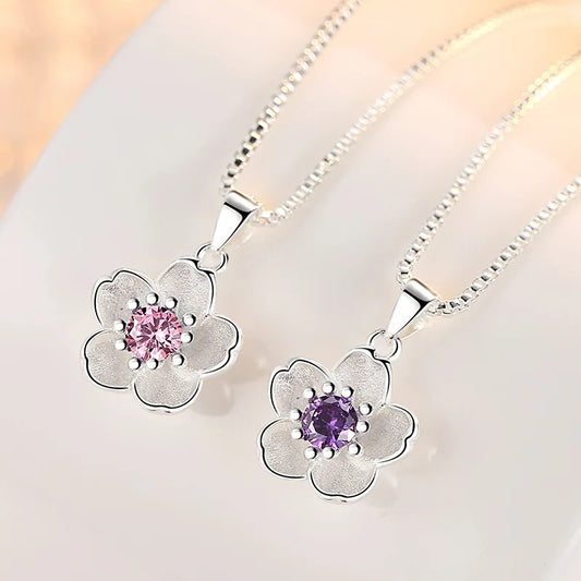 925 Silber Halskette mit Pfirsichblüten – Rosa & Lila Kristalle – Damen-Schmuck mit Blumenanhänger – 45 cm